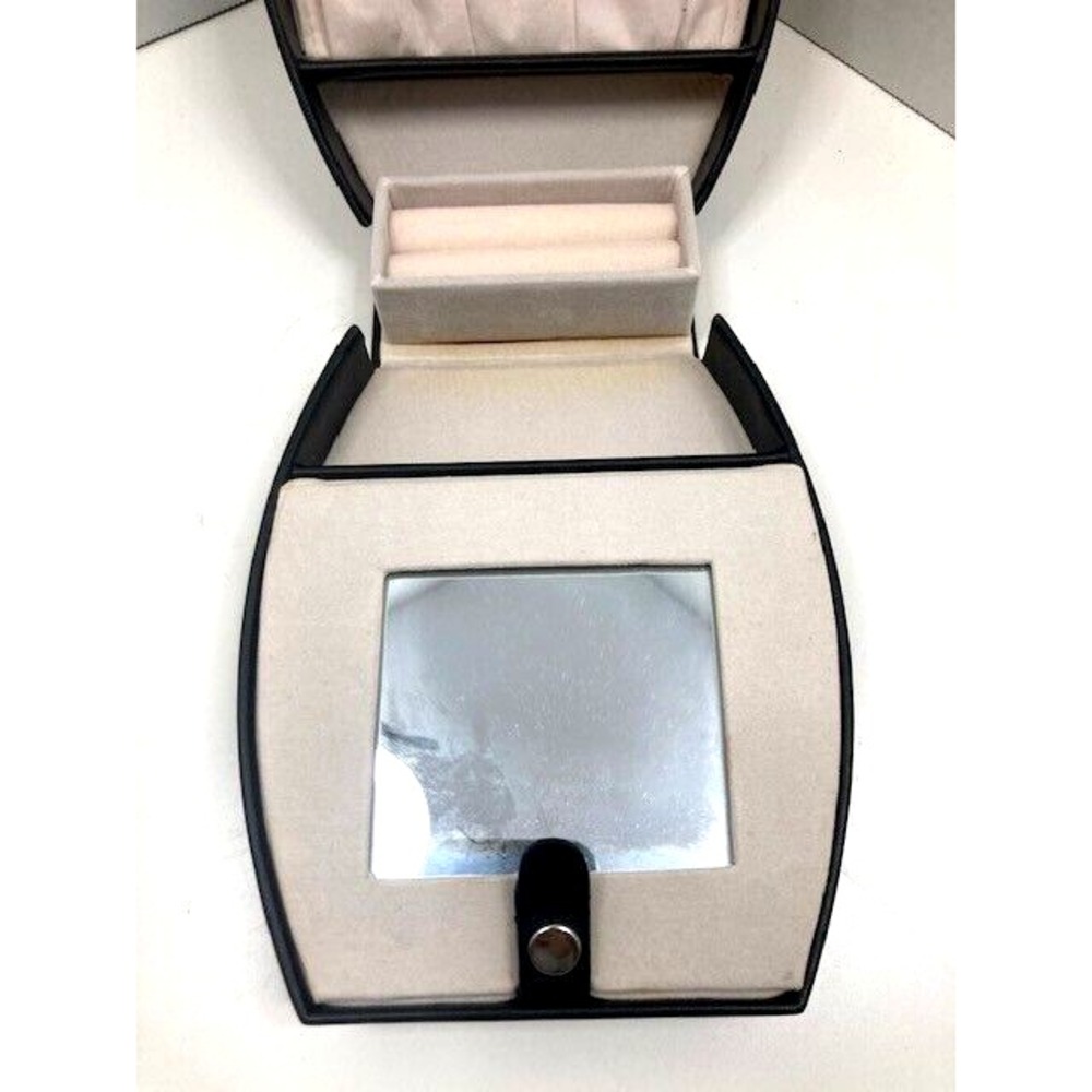New Black Leather Travel Jewelry Case Mirror, Hard Outer Snap Case - Picture 7 of 13